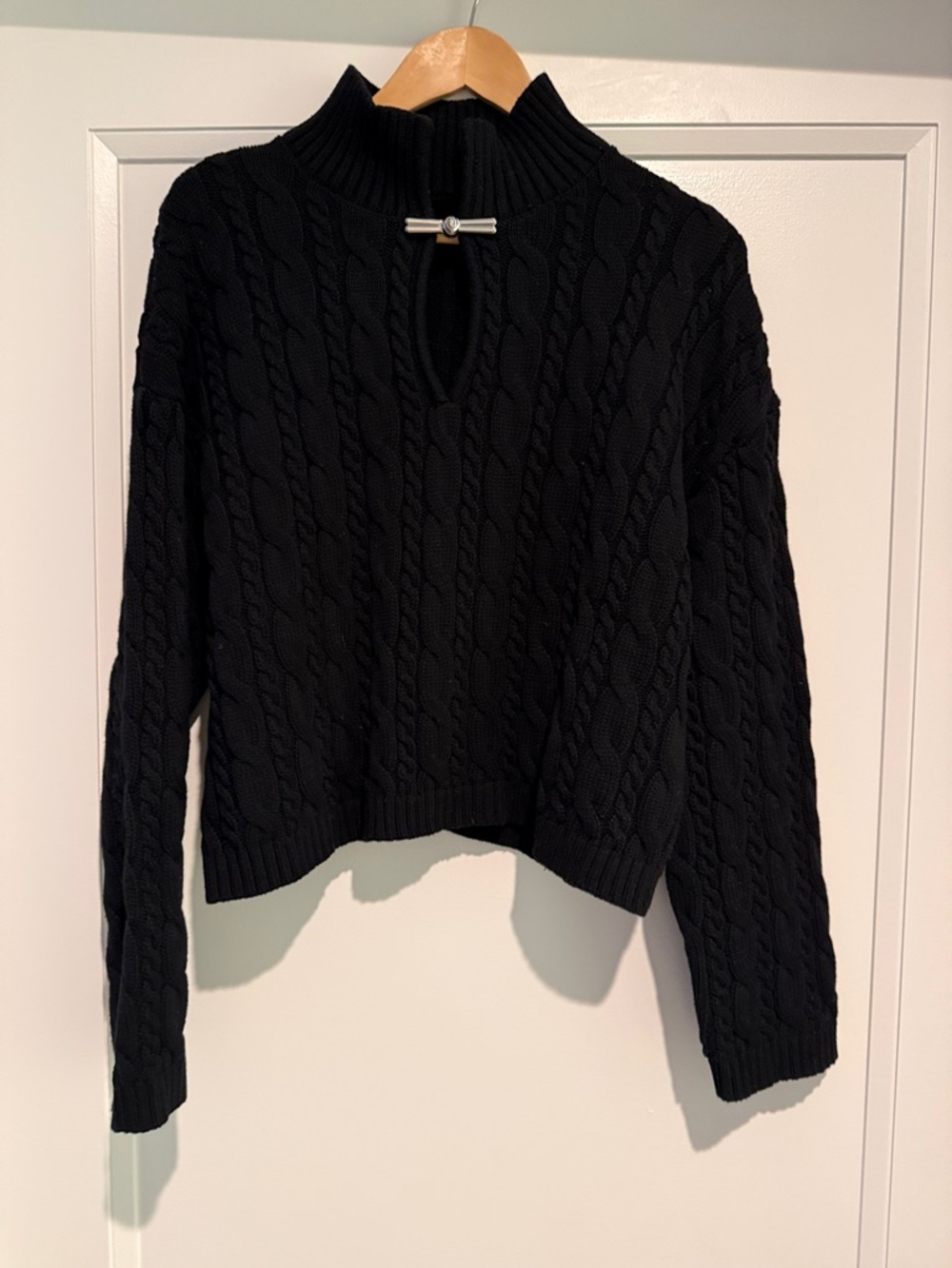 Black Cable-Knit Mock Neck Sweater with Toggle Closure
